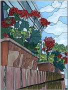 stained glass geraniums in window boxes
