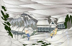 Stained Glass Pattern Japanese Village In Snow