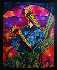 As Seen in "Machine Quilting Unltd" - Stained Glass Pelican Design - © 2005 Paned Expressions Studios -Art Quilt Fabricated by Phyllis Cullen