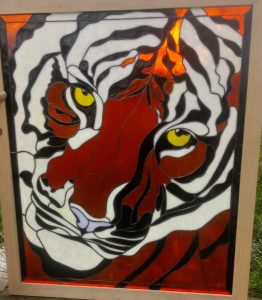 Tiger Face Stained Glass Fabricated by Tim Biza, Design © 2019 Paned Expressions Studios